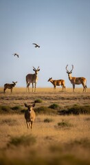 Fototapeta premium Herd of deer standing in a field under a clear blue sky