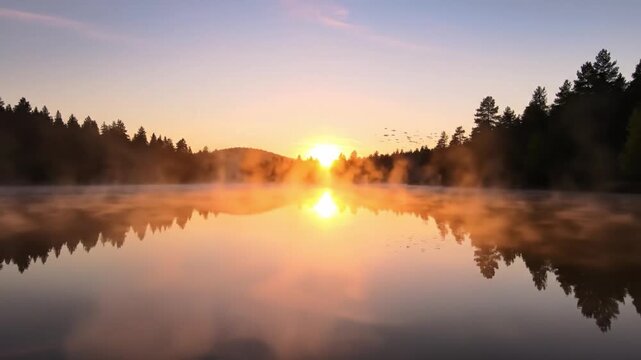 Sunrise lake mist forest reflection calm tranquil nature water sky create peaceful scene with warm light and soft fog over still lake, gentle mist rising above surface, golden sunlight reflecting