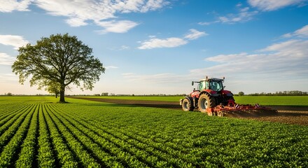 Obraz premium Tractor plowing field near a large tree under blue sky agricultural landscape