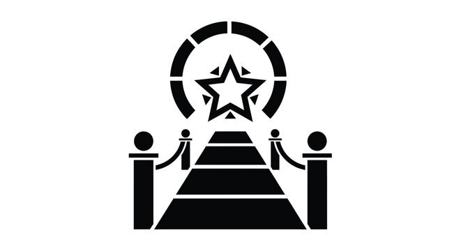 Black silhouette illustration of red carpet pathway leading to large central star and archway representing fame celebrity success and grand entrance.