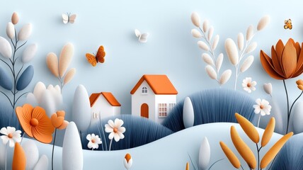 Summery pattern with houses, blooming flowers, and butterflies around trees.