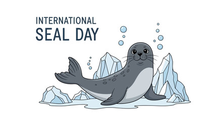 Illustration of a seal on icebergs with bubbles, celebrating International Seal Day with a vector design for marine mammal conservation awareness. © Rahmat