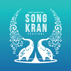 Naklejka na ściany i meble Song kran festival, Happy thai new year - White the two elephants are spraying water on blue green background vector design