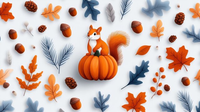 Playful pattern with squirrel balancing on a pumpkin motif.