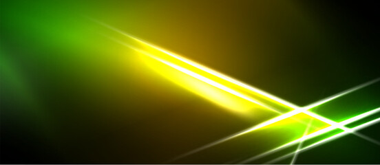 Fototapeta premium Abstract vibrant lines, green yellow hues dominate. Bright streaks intersect dark background creating dynamic visual effect.