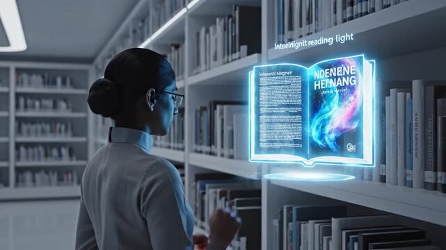 Woman Interacting with Virtual Bookshelf.