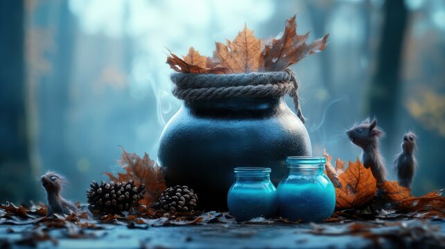 Whimsical depiction of cauldron surrounded by playful familiars.