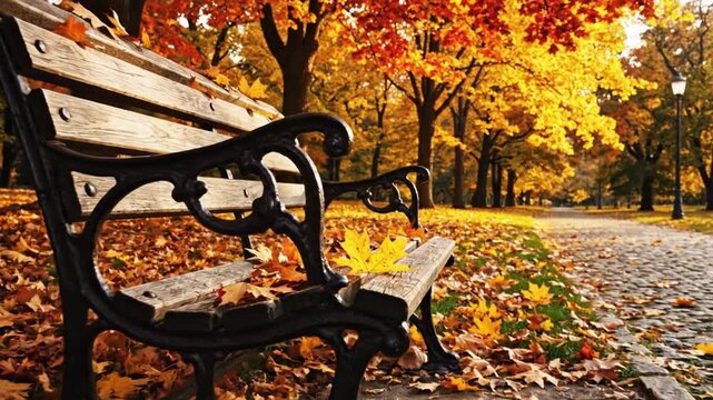 Wooden bench autumn park fallen leaf orange foliage peaceful sunlight nature outdoor relaxation tranquil pathway serene scene with vibrant colors calm mood empty seat cobblestone path golden leaves