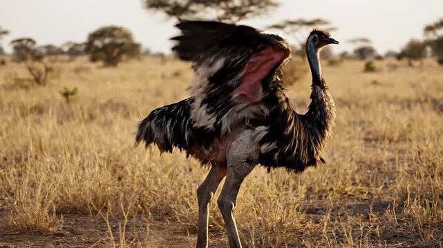 Ostrich Running in Savanna Grassland.
