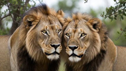 Fototapeta premium Two male lions standing close together in shrubland