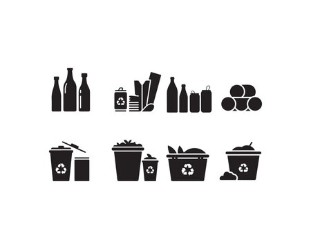 Collection of black silhouette representing various types of recyclable waste including glass bottles plastic bottles aluminum