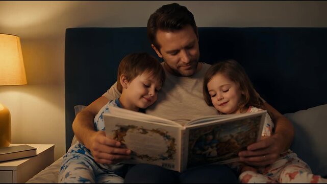 A loving father reads a bedtime story to his two young children, a boy and a girl, in their pajamas, creating a cozy and warm family moment.