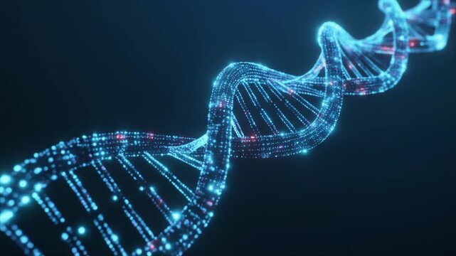 Digital representation of a glowing blue DNA double helix structure on a dark background, symbolizing genetics and biotechnology.