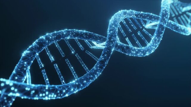 Digital representation of a glowing blue DNA double helix structure against a dark background, symbolizing genetics and biotechnology.
