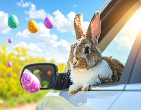 A brown and white rabbit peers out of a car window at colorful Easter eggs