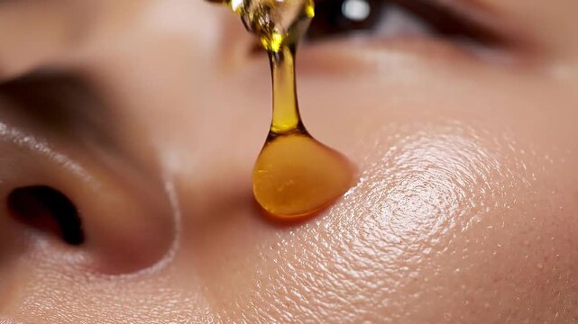 A glass dropper releases a single oil droplet onto a woman&rsquo;s glowing cheekbone for a hydration effect.