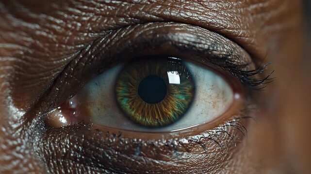 Extreme macro shot of a green iris as the pupil dilates in response to light.