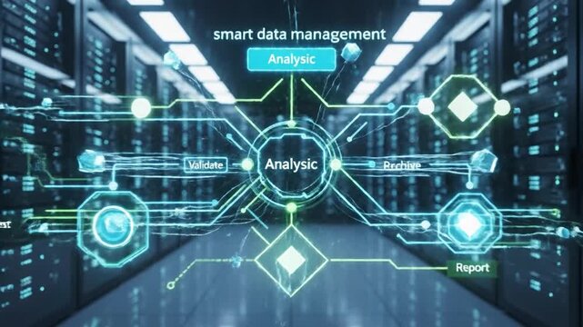 Smart data management analytic validate archive report with futuristic digital technology in server data center, innovation in storage processing visualization, advanced network information system