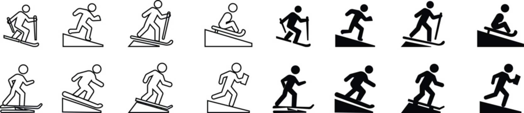 Hill Sports Icon set. Hill sports. Solid vectors of hill sports, downhill running, mountains sledding, skiing, snowboarding, silhouettes grass boarding, trail running, abstract outdoor symbol diagram