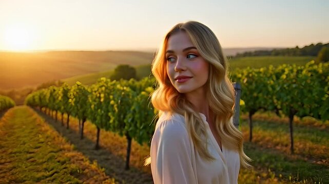 Woman smiling in vineyard at sunset.