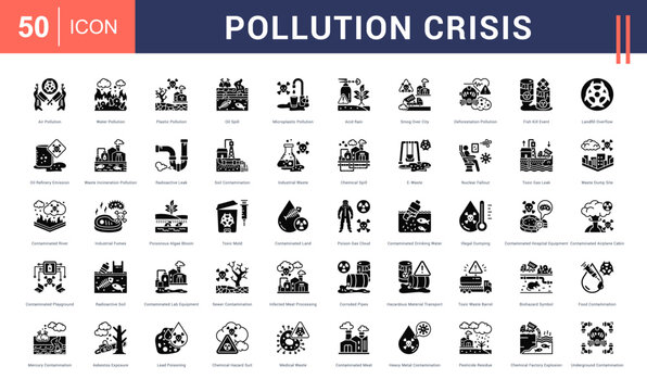 Pollution Crisis Icon Set. air pollution, water pollution, plastic pollution, oil spill, microplastic pollution and more. Glyph Style vector icons collection.
