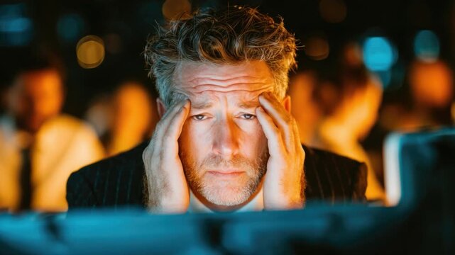 Stress of the Modern Workplace: A person, etched with the lines of worry, his gaze lost amidst the digital glow, encapsulates the silent burden of pressure and the complexity of professional life.