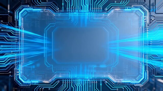 Futuristic electronic circuit board with blue glowing lines and components