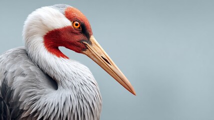 Fototapeta premium Close-up of a majestic crane with striking red and white plumage, showcasing its long beak and detailed feathers against a soft gray background