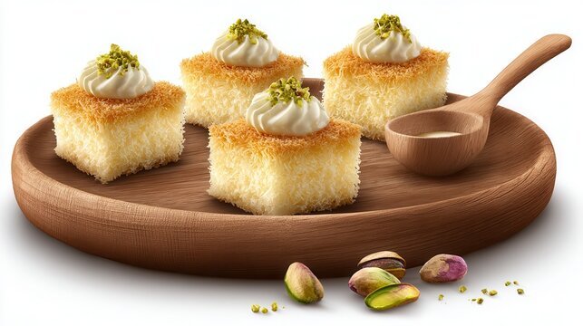 Traditional middle eastern dessert basbousa with cream topping pistachios on wooden tray