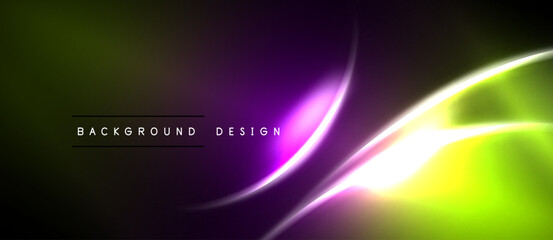 Obraz premium Abstract neon lines create dynamic gradient background. Purple, green, yellow hues blend seamlessly. Modern design element.