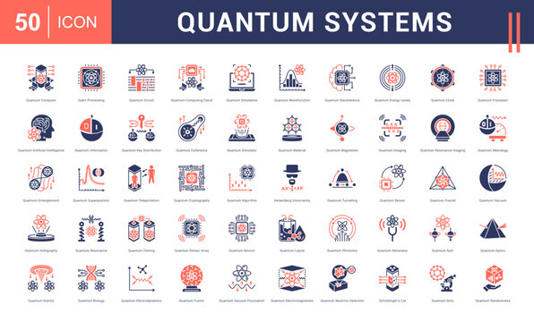 Quantum Systems Icon Set. quantum computer, qubit processing, quantum circuit, computing cloud, simulation and more. Glyph Dual Tone Style vector icons collection.