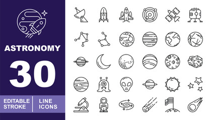 Astronomy, Space Discovery, and Galaxy Line Icons. Editable stroke icons for science education, aerospace technology, and digital apps. Featuring planets, rockets, satellites, astronauts, alien life © Neko funny
