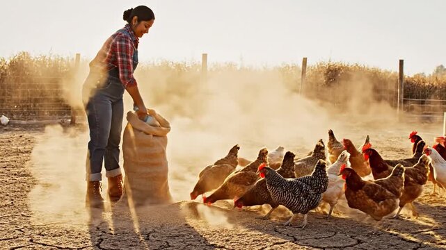 Woman Feeding Chickens on Rural Farm in Autumn Sunlight, Outdoor Agriculture Scene with Dust, Plaid Boots, Overalls, Livestock, Grain, Countryside Lifestyle, Female Adult Working