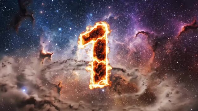 Cinematic 5-to-1 countdown timer featuring fiery burning numbers with electric lightning effects on an epic cosmic nebula background.