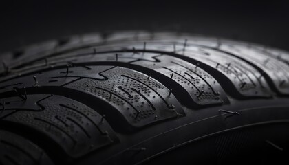 Closeup black textured rubber tire surface, dramatic lighting and detailed tread pattern, automotive safety, transportation, durability, industrial, macro focus.