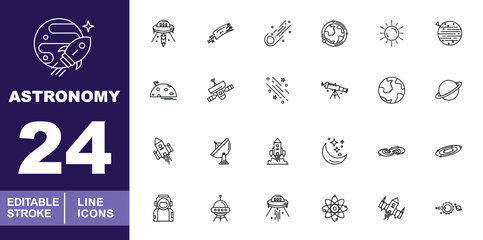 Universe & Space Discovery Icons. Editable stroke vector icons for astronomical research. Featuring UFO abductions, meteor showers, planet Earth, sun symbols, lunar surfaces, satellites, space  © Neko funny