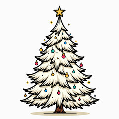 Fototapeta premium Elegant detailed line art vector illustration of a traditional Christmas tree adorned with festive bauble ornaments, garlands, and a bright star.