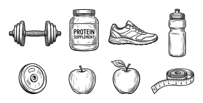 Collection of hand-drawn fitness equipment icons including a dumbbell, protein, sneaker, water bottle, weight plate, apple, and measuring tape in a vintage sketch style