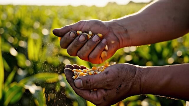 Farmer hand planting corn seed soil for agriculture growth, rural organic harvest, crop field, summer environment, grain cultivation, healthy nutrition, sustainable outdoor farming, natural food