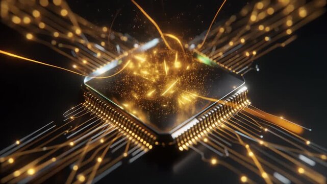Close-up of a glowing computer chip with golden data streams and light particles, symbolizing advanced technology and processing power.