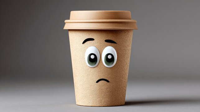 Cartoon-style coffee cup with sad facial expression, featuring large eyes and a frown, placed on a neutral gray background for emphasis on design elements