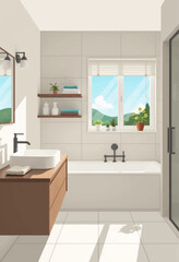 Fototapeta premium Vertical flat vector illustration of a stylish modern bathroom interior showcasing a large window, elegant bathtub, and sleek vanity cabinet.