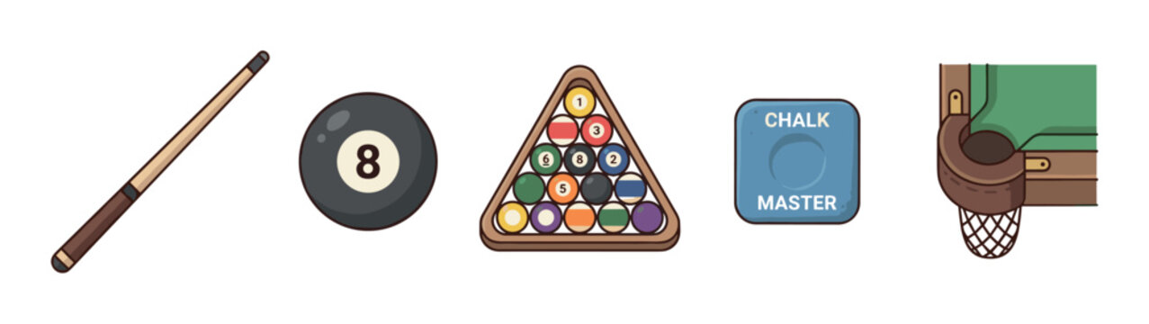 Collection of pool game equipment icons including a cue stick, eight ball, racked balls, chalk, and a table corner pocket in a flat cartoon illustration style