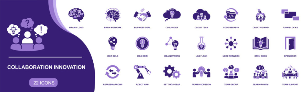 Collaboration Innovation icon set. Containing brain cloud, business deal, cloud idea, code refresh, idea bulb, lab flask, team support, robot arm and more. Solid vector icons collection.