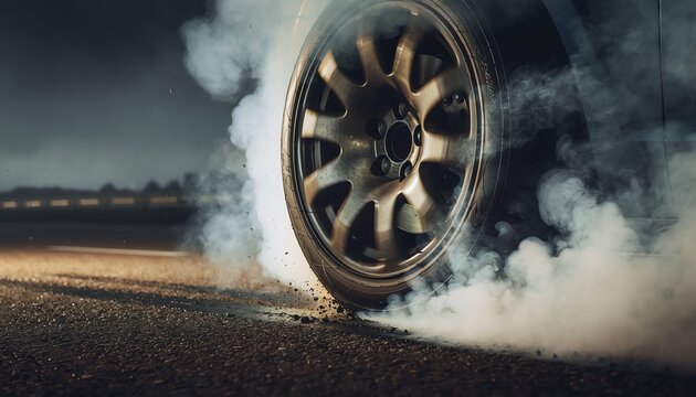 Spinning tire smoke road debris, dramatic close-up of a speeding car burning rubber, asphalt fragments flying, action-packed motorsport energy, intense motion.