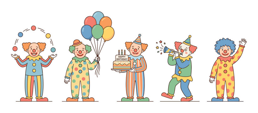 Set of five cute cartoon clowns celebrating a birthday party with a cake, balloons, juggling, and a party horn in a fun, colorful flat illustration style