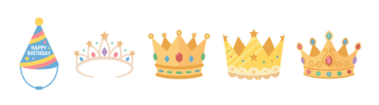 Set of colorful party hats and crowns for celebrations, including a birthday cone, a delicate tiara, and royal headwear in a cute cartoon vector illustration style