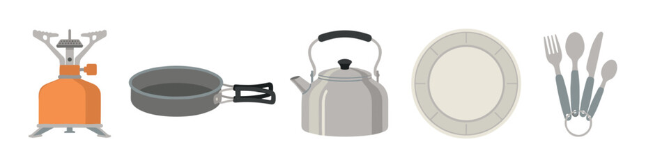 Obraz premium Set of camping cooking equipment including a portable stove, pot, kettle, plate, and cutlery, illustrated in a simple flat vector style for outdoor adventure concepts