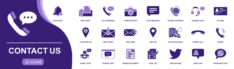 Contact us icon set. Containing alert bell, call message, camera photo, chat message, headset help, mail send, office building, phone call, robot chat and more. Solid fill icons collection. © Alim