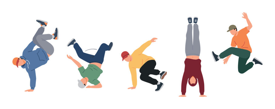 Set of diverse young men breakdancing in modern streetwear, a collection of male characters performing energetic hip-hop moves like handstands and freezes in a flat vector style